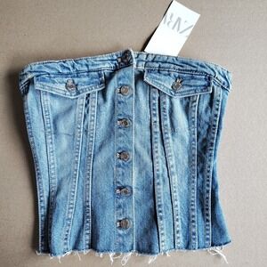 Zara Womens Corset Bustier Size XS Denim  Button Up Cropped Tank Sleeveless Blue
